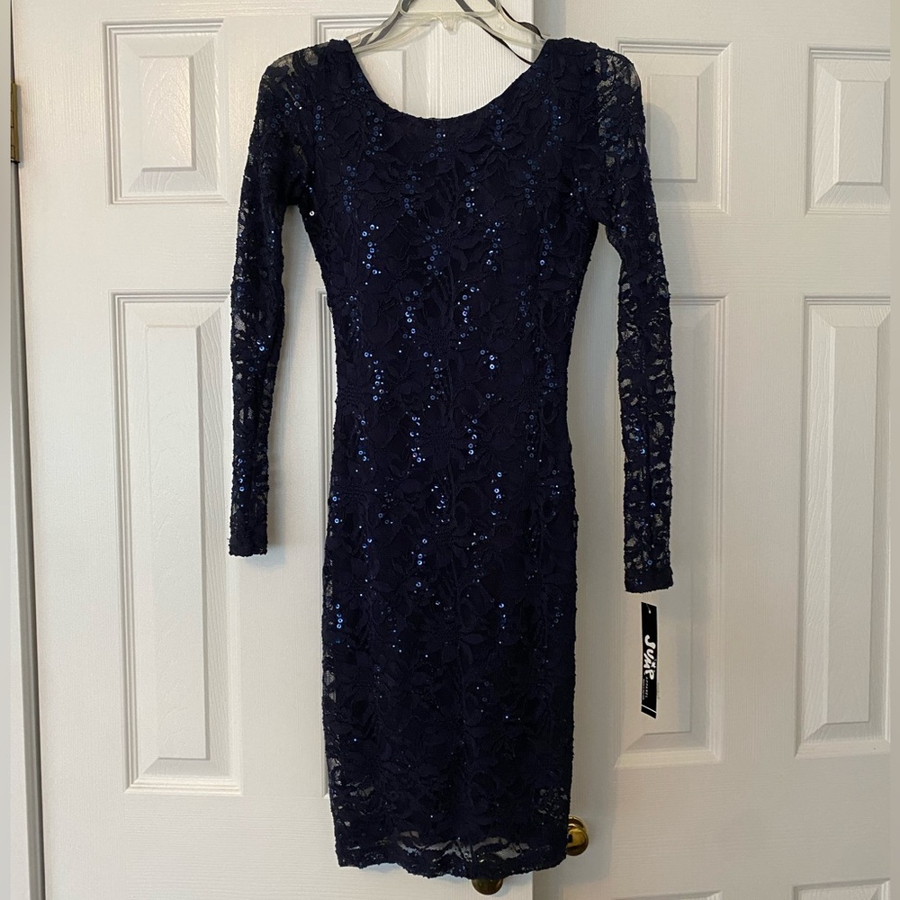 NWT Macy’s Navy Blue Sequined Lace Mini Dress
